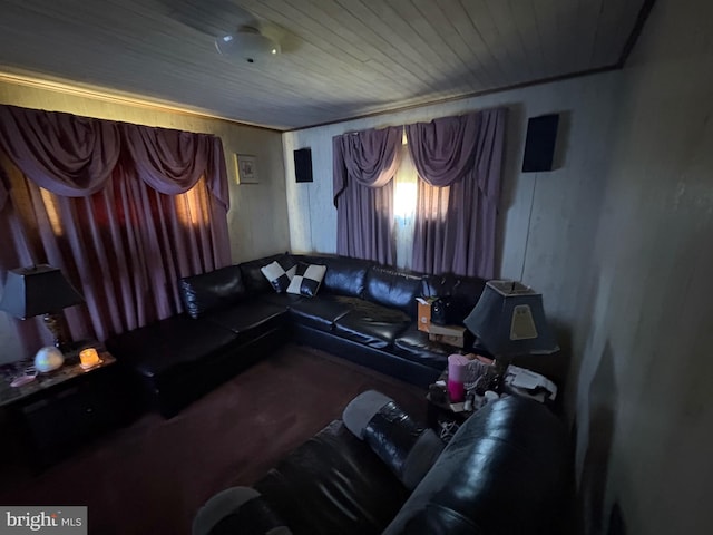 home theater featuring wood ceiling