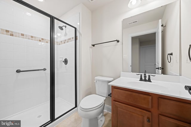 full bathroom with visible vents, toilet, tile patterned floors, vanity, and a shower stall