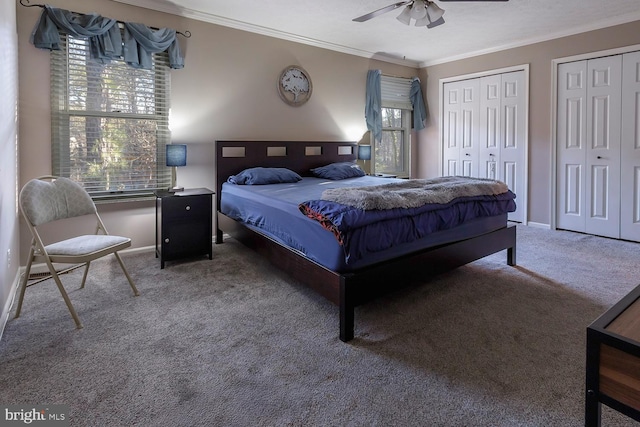 bedroom with ceiling fan, multiple closets, carpet, and crown molding