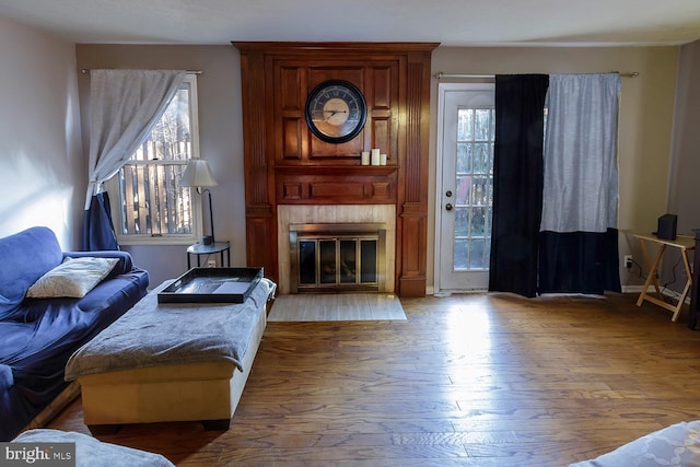 living room with hardwood / wood-style flooring and a fireplace