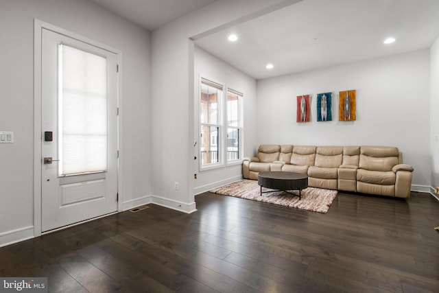 living room featuring dark wood-type flooring