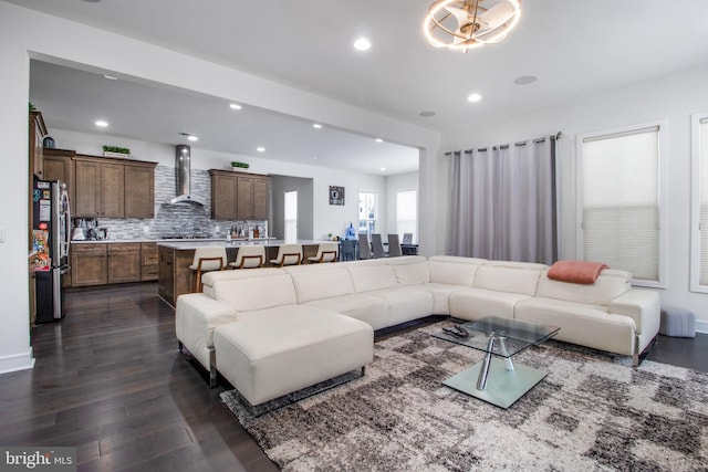 living room featuring dark wood-type flooring