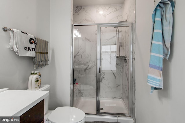 bathroom with vanity, a shower with shower door, and toilet