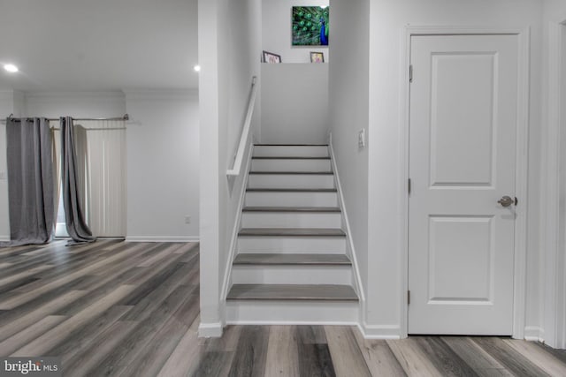 staircase with hardwood / wood-style flooring