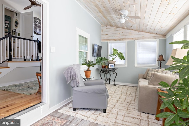 living area with wood ceiling, ceiling fan, and light hardwood / wood-style floors