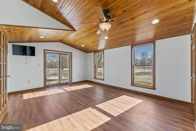 spare room featuring vaulted ceiling, wooden ceiling, wood-type flooring, and ceiling fan