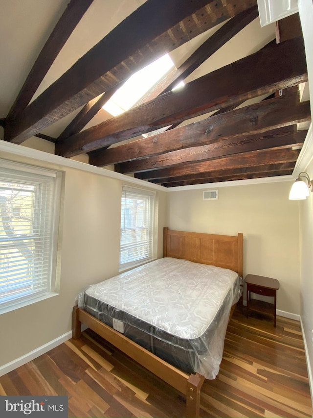 bedroom featuring billiards, dark hardwood / wood-style flooring, and vaulted ceiling with beams