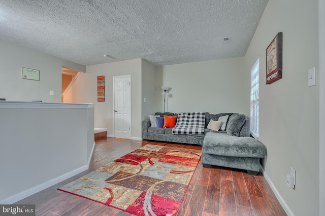 living room featuring wood-type flooring and a textured ceiling