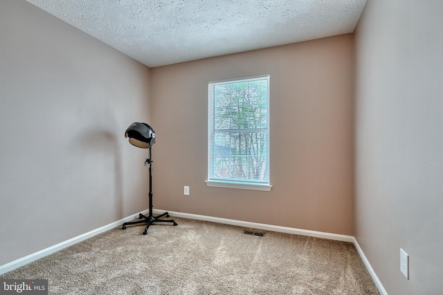 workout area featuring carpet flooring and a textured ceiling