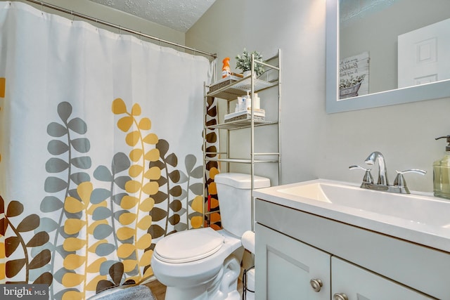 bathroom featuring vanity, a textured ceiling, and toilet