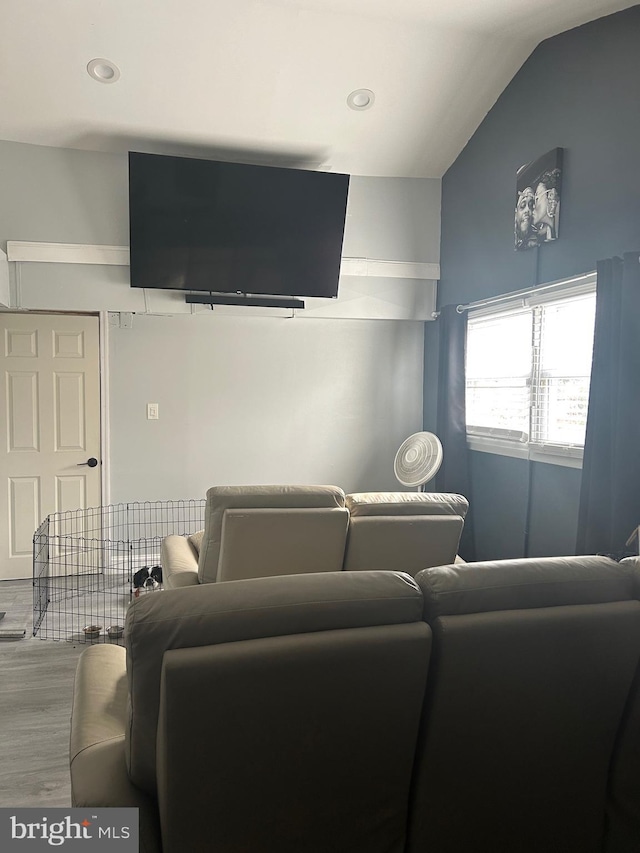 living room featuring lofted ceiling and hardwood / wood-style floors