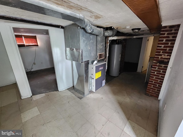 basement featuring heating unit and gas water heater