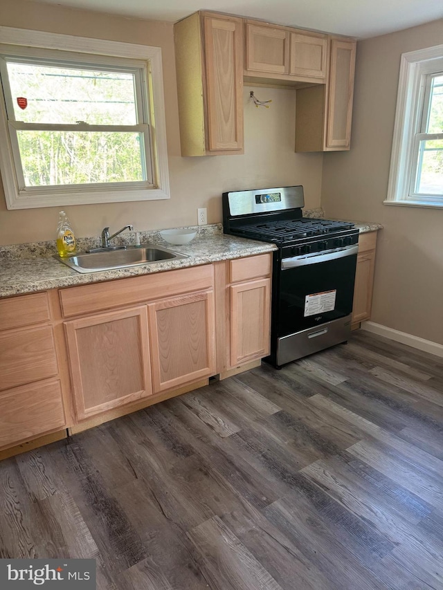 145 Press Ave, Browns Mills, NJ 08015 - kitchen featuring gas range, light brown cabinetry, a sink, and dark wood-style flooring