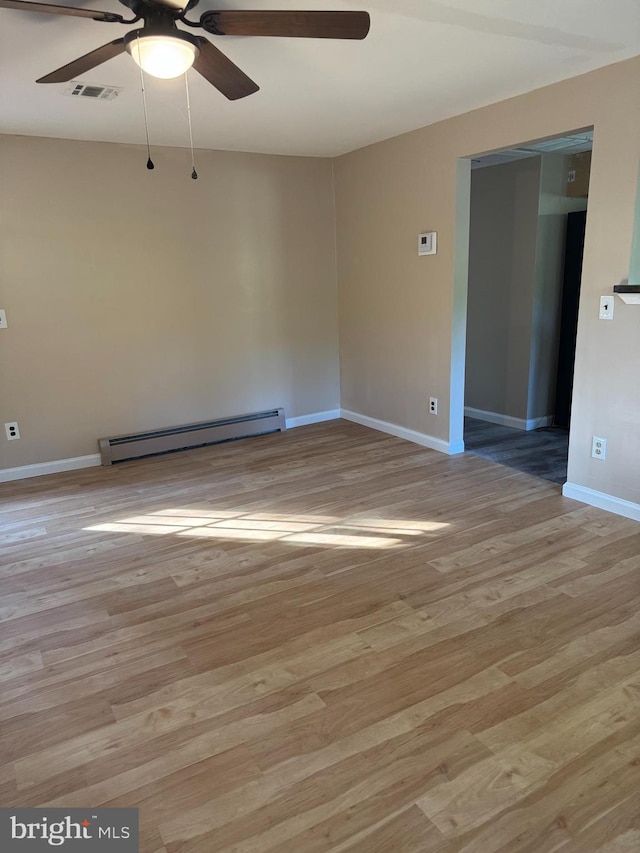 145 Press Ave, Browns Mills, NJ 08015 - empty room featuring a baseboard heating unit, ceiling fan, light wood-type flooring, and baseboards