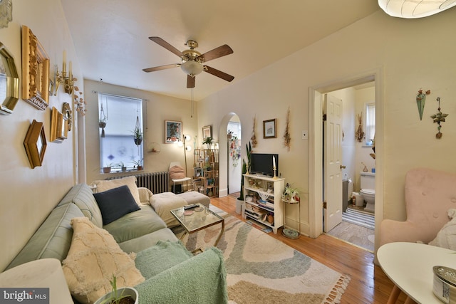 living room with ceiling fan and wood-type flooring