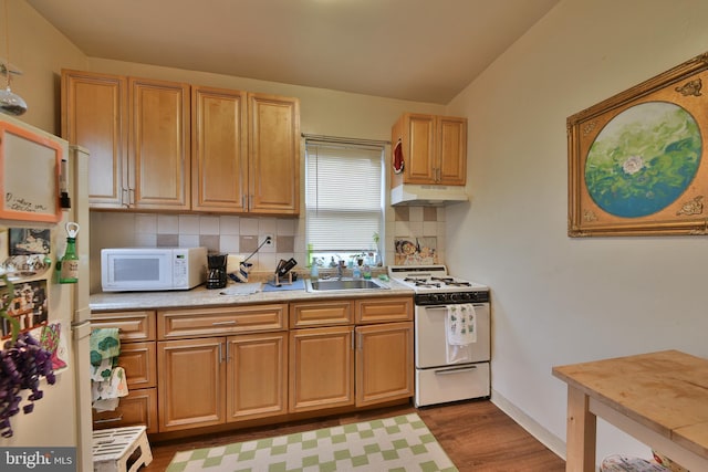 kitchen featuring sink, light hardwood / wood-style flooring, backsplash, and white appliances