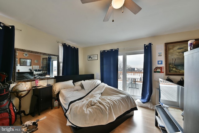 bedroom with ceiling fan, light hardwood / wood-style floors, and access to outside