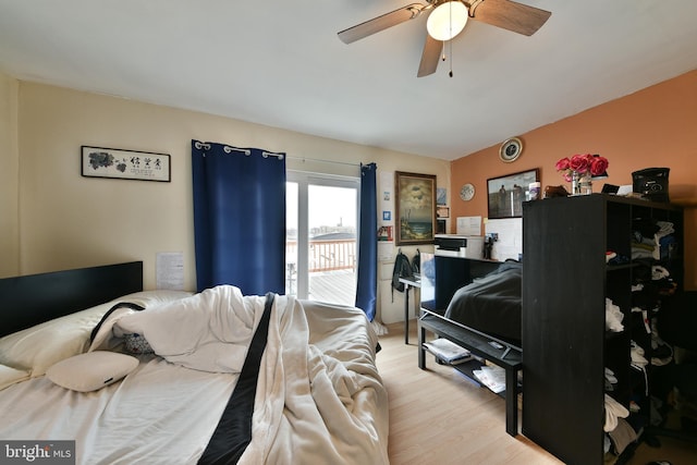 bedroom featuring ceiling fan and light wood-type flooring