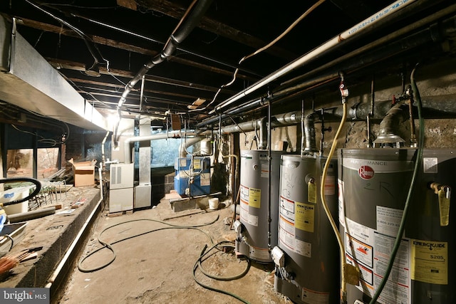 basement featuring heating unit and gas water heater