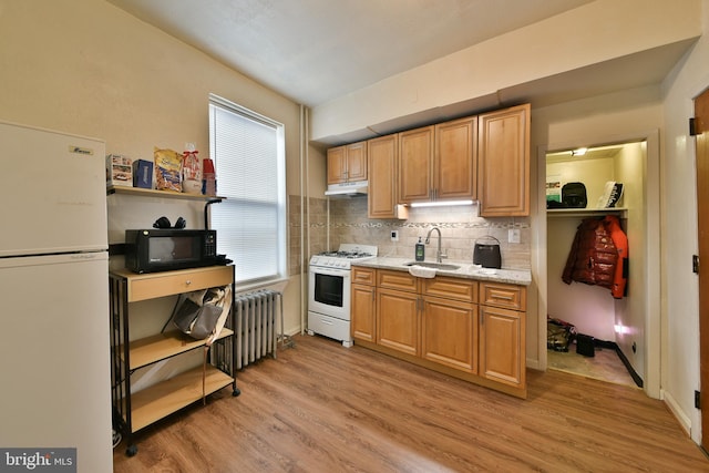 kitchen with backsplash, white appliances, light wood-type flooring, radiator, and sink