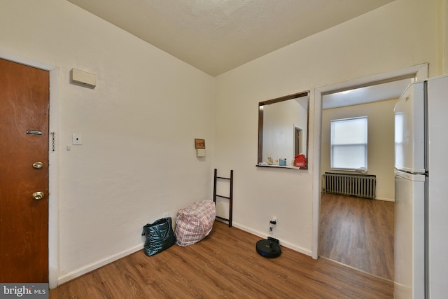 laundry room featuring radiator and wood-type flooring