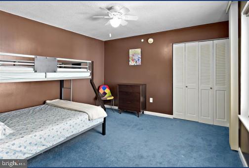 bedroom featuring carpet flooring, ceiling fan, and a closet