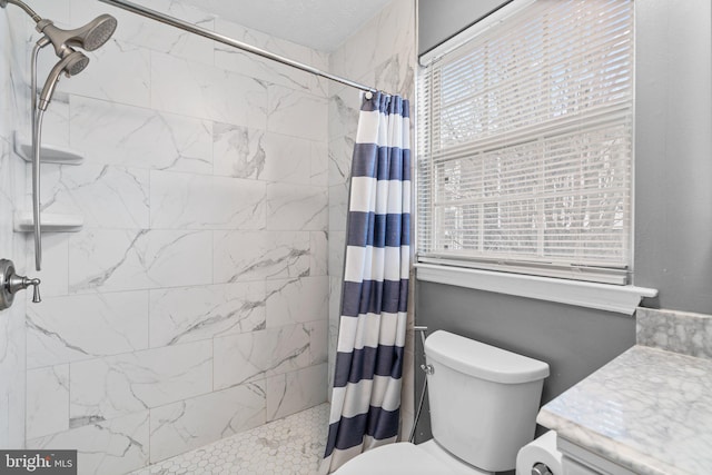 bathroom featuring toilet, vanity, and a shower with curtain