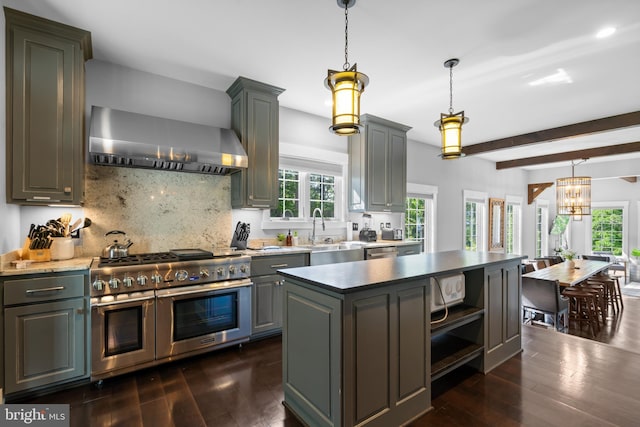 kitchen featuring double oven range, gray cabinets, a kitchen island, wall chimney exhaust hood, and sink