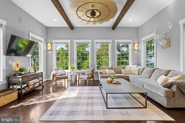 living room with dark hardwood / wood-style flooring and beam ceiling