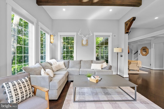 living room with dark hardwood / wood-style flooring and beam ceiling