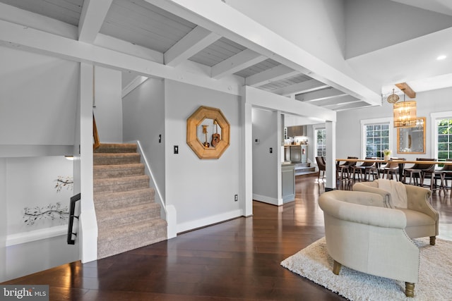 living room featuring a chandelier, dark hardwood / wood-style floors, and beamed ceiling