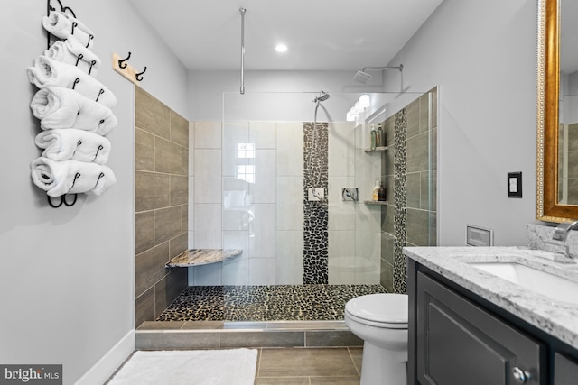 bathroom with vanity, toilet, and tiled shower