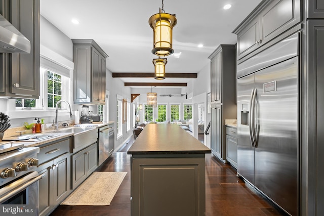 kitchen with wall chimney exhaust hood, a kitchen island, stainless steel appliances, sink, and gray cabinetry