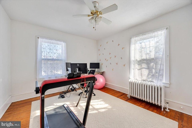 office with radiator heating unit, dark hardwood / wood-style floors, and ceiling fan