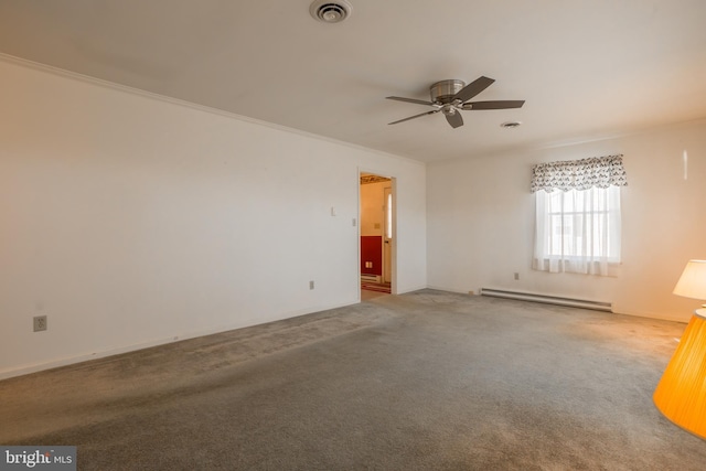 carpeted empty room with crown molding, ceiling fan, and baseboard heating