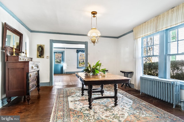 dining space with dark hardwood / wood-style flooring, a fireplace, radiator heating unit, and ornamental molding