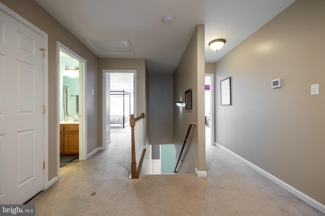 hall featuring light carpet and sink