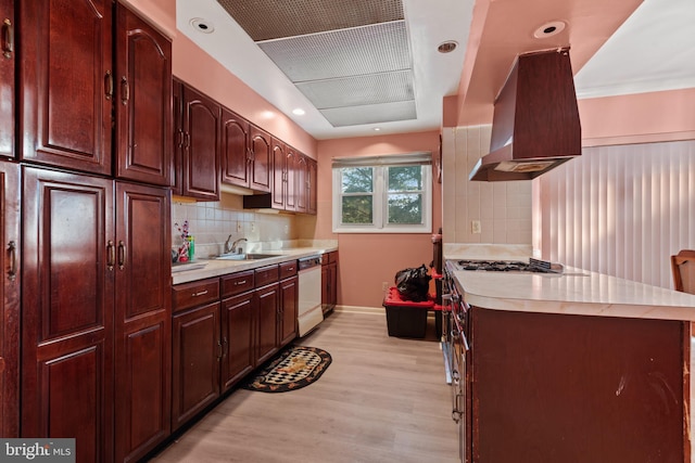 kitchen with extractor fan, decorative backsplash, dishwasher, light hardwood / wood-style flooring, and sink