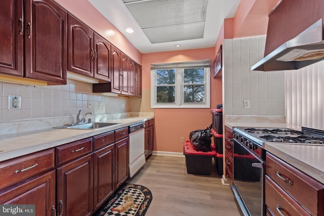 kitchen with range with gas stovetop, sink, white dishwasher, light hardwood / wood-style flooring, and range hood