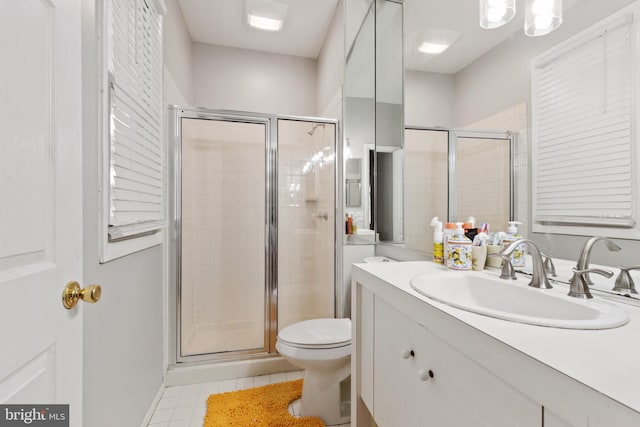 bathroom featuring walk in shower, vanity, tile patterned flooring, and toilet