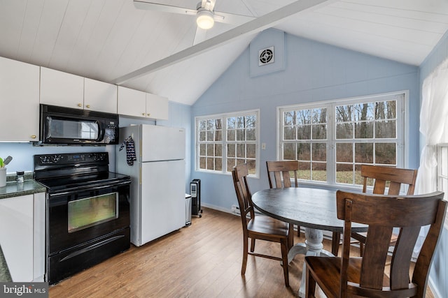 kitchen with black appliances, white cabinetry, vaulted ceiling with beams, ceiling fan, and light hardwood / wood-style floors