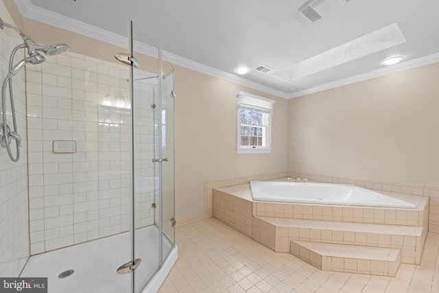 bathroom with a skylight, tile patterned floors, ornamental molding, and independent shower and bath