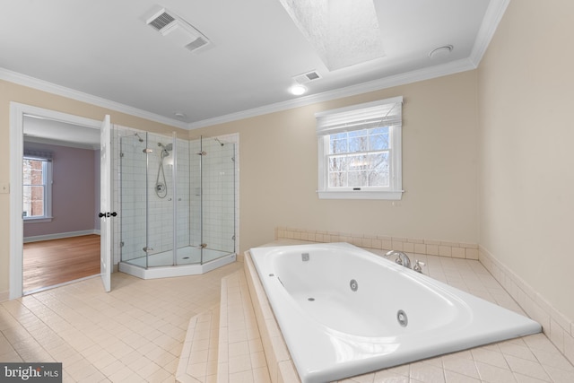 bathroom with shower with separate bathtub, tile patterned floors, and ornamental molding