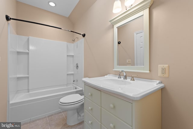 full bathroom with tub / shower combination, toilet, tile patterned flooring, and vanity