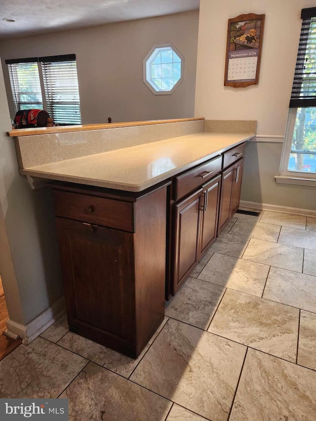 kitchen featuring dark brown cabinetry, kitchen peninsula, and plenty of natural light