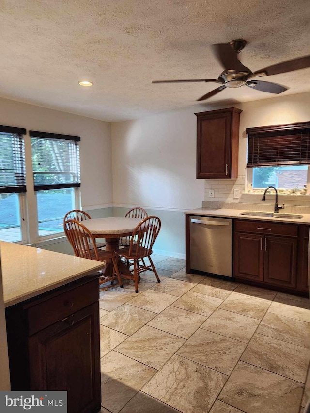 kitchen with tasteful backsplash, dark brown cabinets, sink, and stainless steel dishwasher