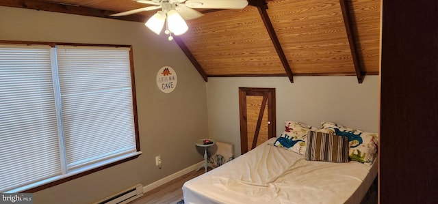 bedroom featuring hardwood / wood-style floors, wooden ceiling, ceiling fan, a baseboard radiator, and lofted ceiling with beams