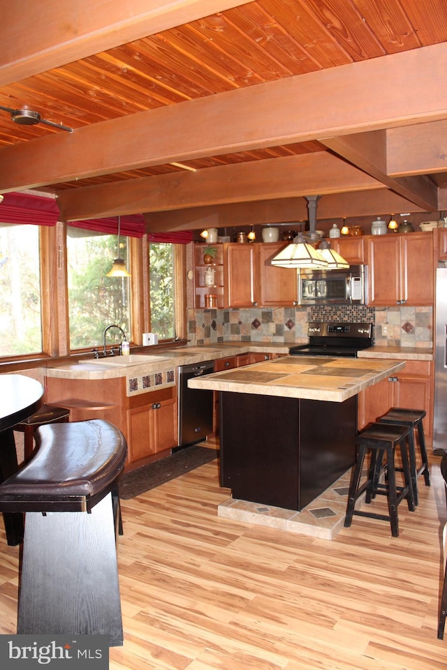 kitchen featuring a center island, pendant lighting, decorative backsplash, light hardwood / wood-style flooring, and appliances with stainless steel finishes