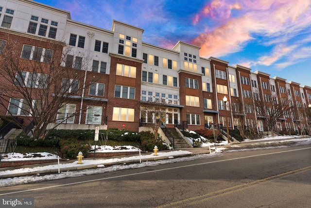 view of snow covered building