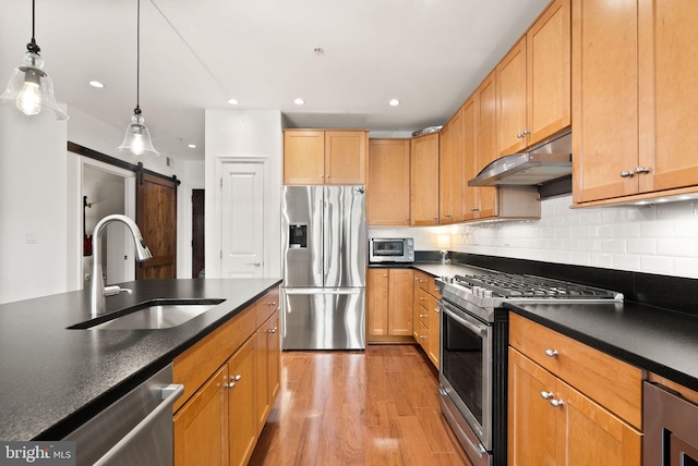 kitchen with a barn door, sink, stainless steel appliances, and pendant lighting